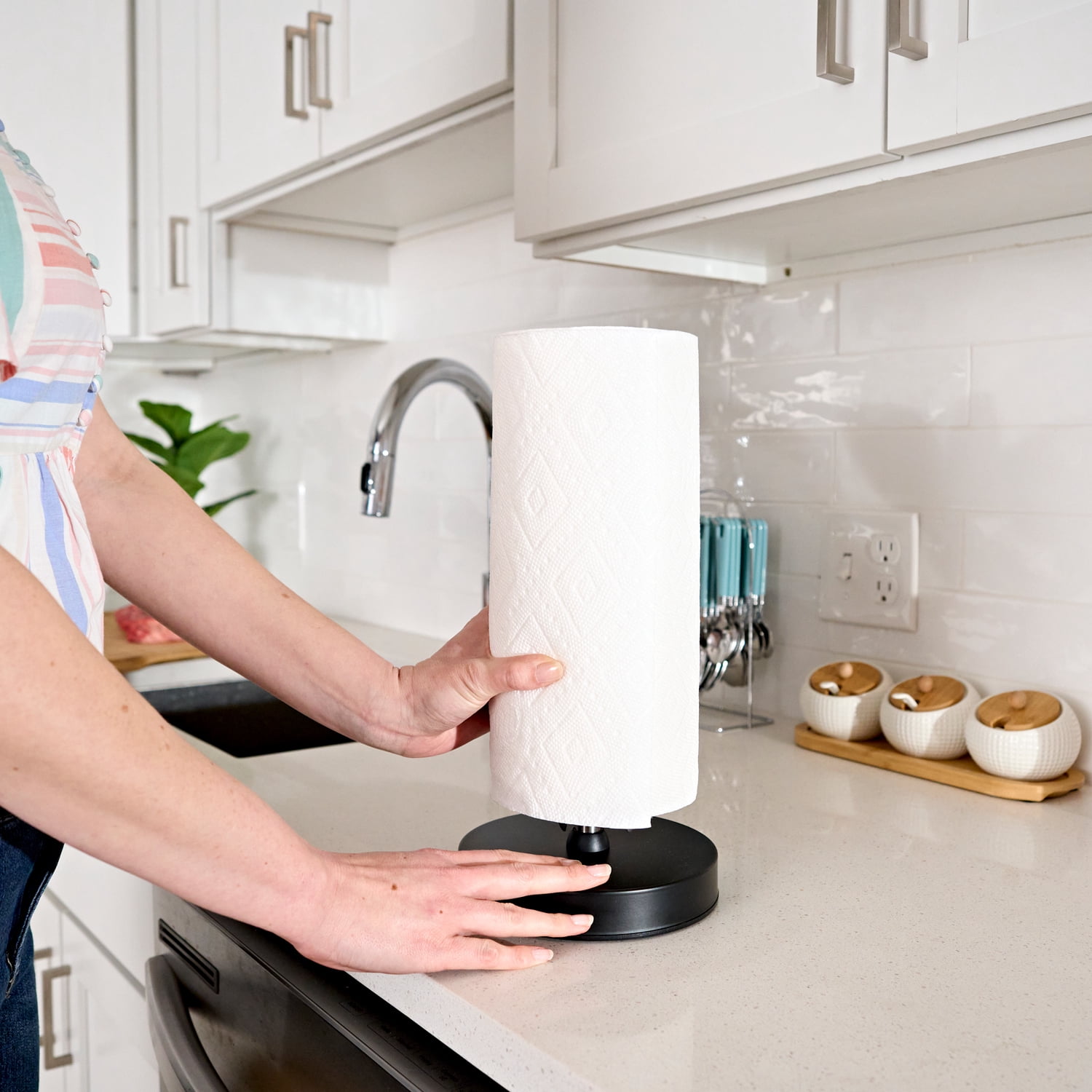 Stainless Steel Black Paper Towel Holder Designed for Easy One-Handed Operation - This Sturdy Weighted Paper Towel Dispenser Countertop Model Has Suction Cups and Holds Paper Towel Rolls of All Sizes
