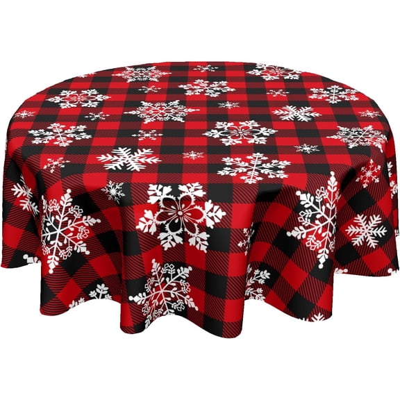 Christmas Round Tablecloth 60 Inch Red Black Buffalo Plaid Tablecloth Waterproof Polyester Xmas Winter Snowflake Table Cloth Table Cover for Kitchen Dining Room Picnic Patio Party