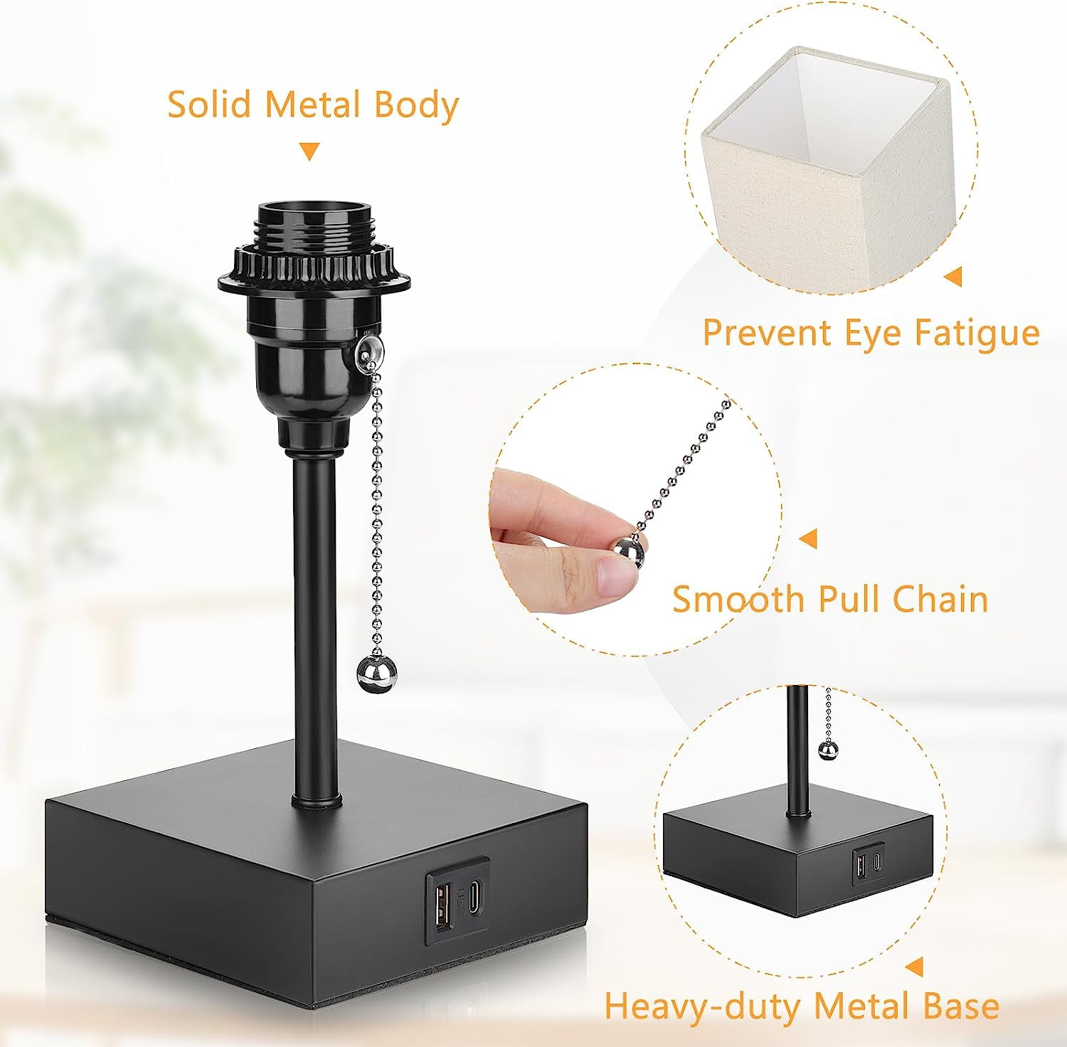 Bedside Table Lamp,Pull Chain Table Lamp with 2 USB Charging Ports, 2700K LED Bulb with Fabric Lampshade, Nightstand Lamps for Bedroom Living Room Study Dorm Home Office (LED Bulb Included),Gray