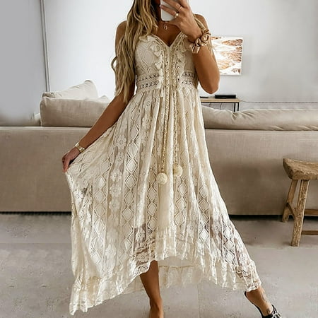 

cllios Women s Fashion V-Neck Sleeveless Hollow Out Tassel Lace Solid Ankle-Length Dresses for Women 2022