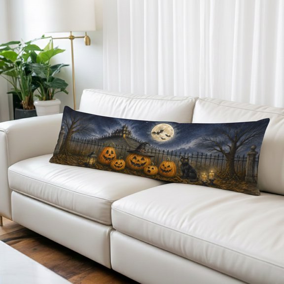 Halloween Body Pillow Cover,Pillowcase Protectors with Zipper,Breathable Decorative Throw Pillow Case Cover,Fall Spooky Pumpkins Cats Bats Haunted-House Rustic Pillow Shams for Couch Sofa 20x54Inch