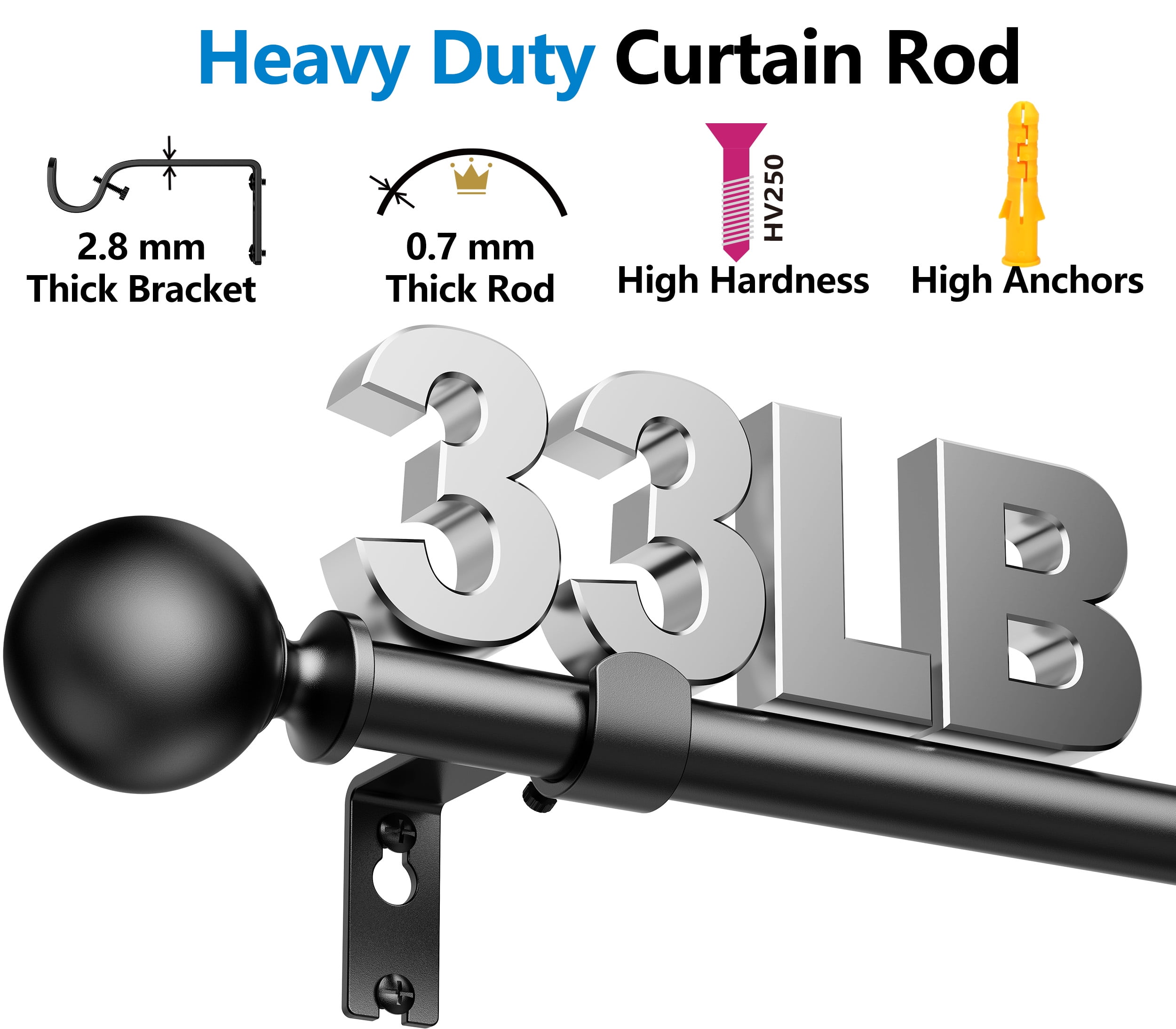 Titanock Curtain Rods 128 Inch for Window 120 Inch, Adjustable Length Heavy Duty Ball Finials Diameter 7/8 inch,10 ft, Black