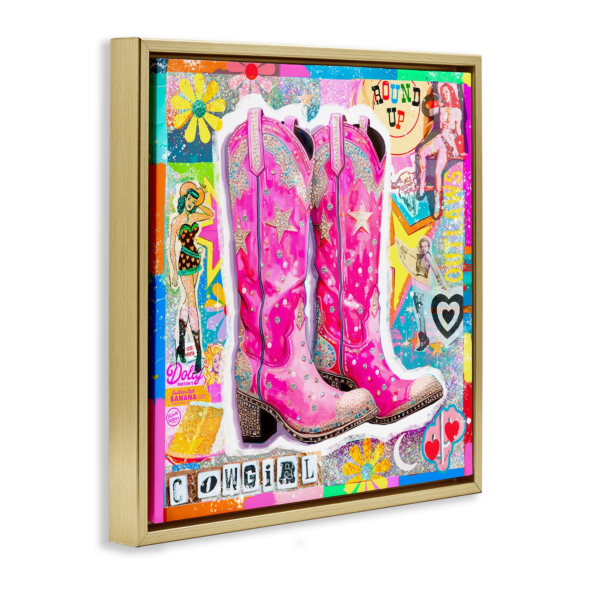 Stupell Industries Groovy Vintage Cowgirl Collage Abstract Painting Gold Floater Framed Canvas Art Print Wall Art, 25 x 25