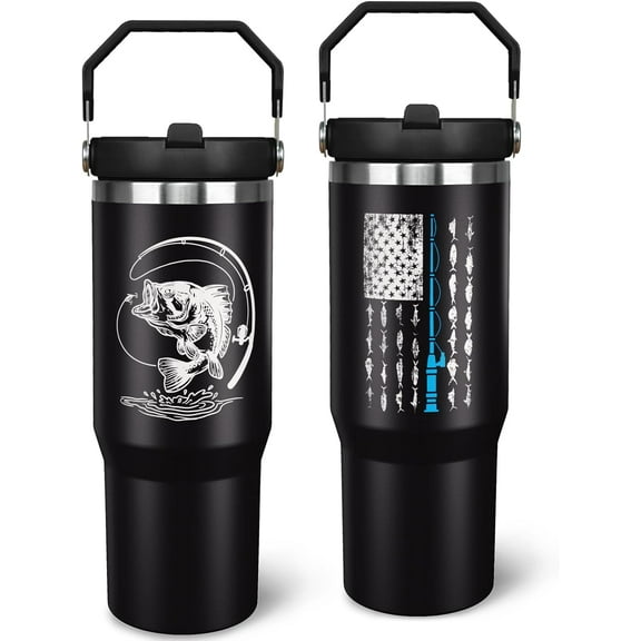 Fishing Gifts for Men 30 oz Fishing Tumbler with Handle and Straw American Flag Stainless Steel Insulated Cups Mug Father''s Day, Christmas and Birthday Gifts for Dad Grandpa Men