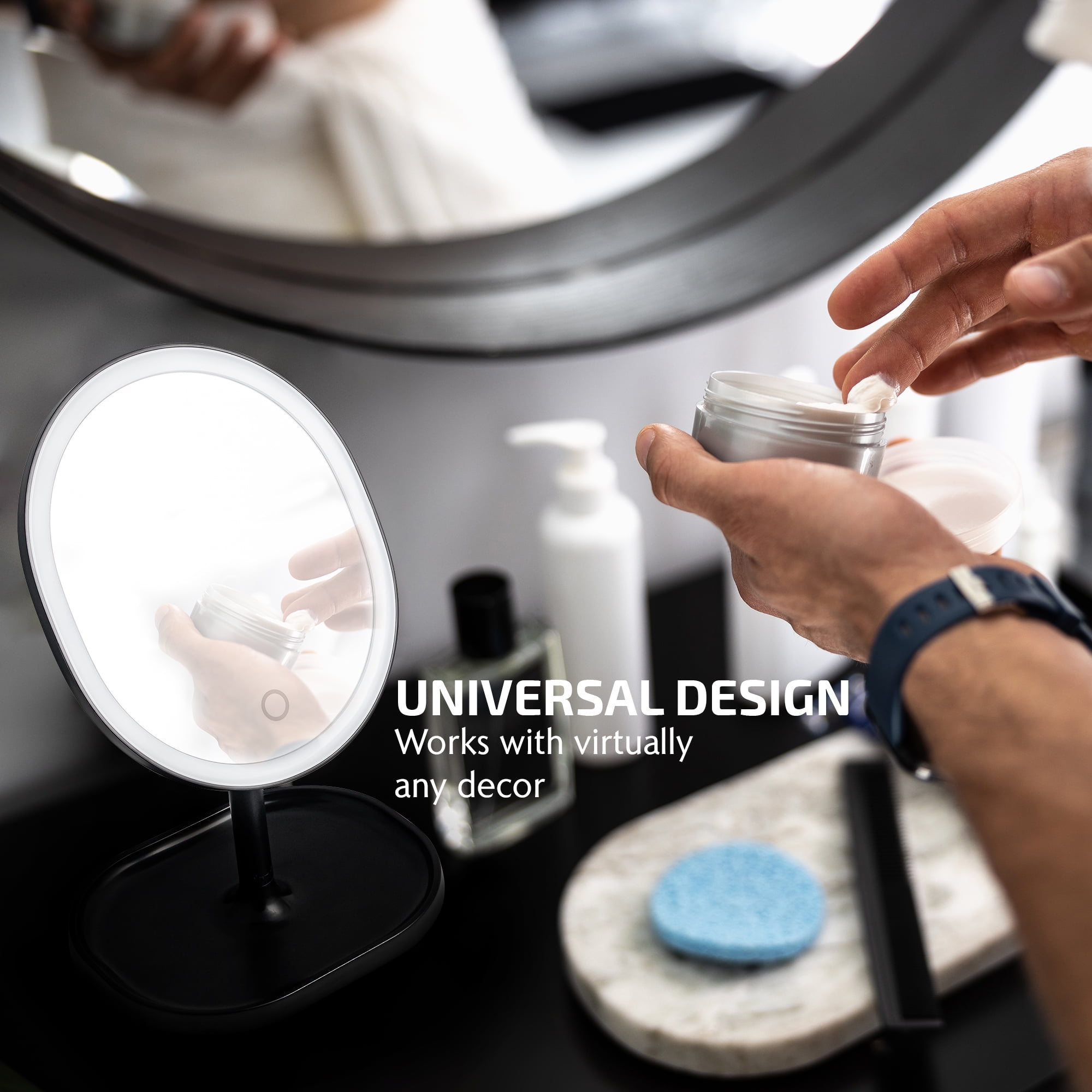 OVENTE 9" Rechargeable Lighted Tabletop Makeup Mirror with Mini Magnetic 10X Magnifying Mirror, Touch Screen Dimmable LED Lights, Portable Vanity Mirror Perfect for Bathroom or Travel, Black MOT22B
