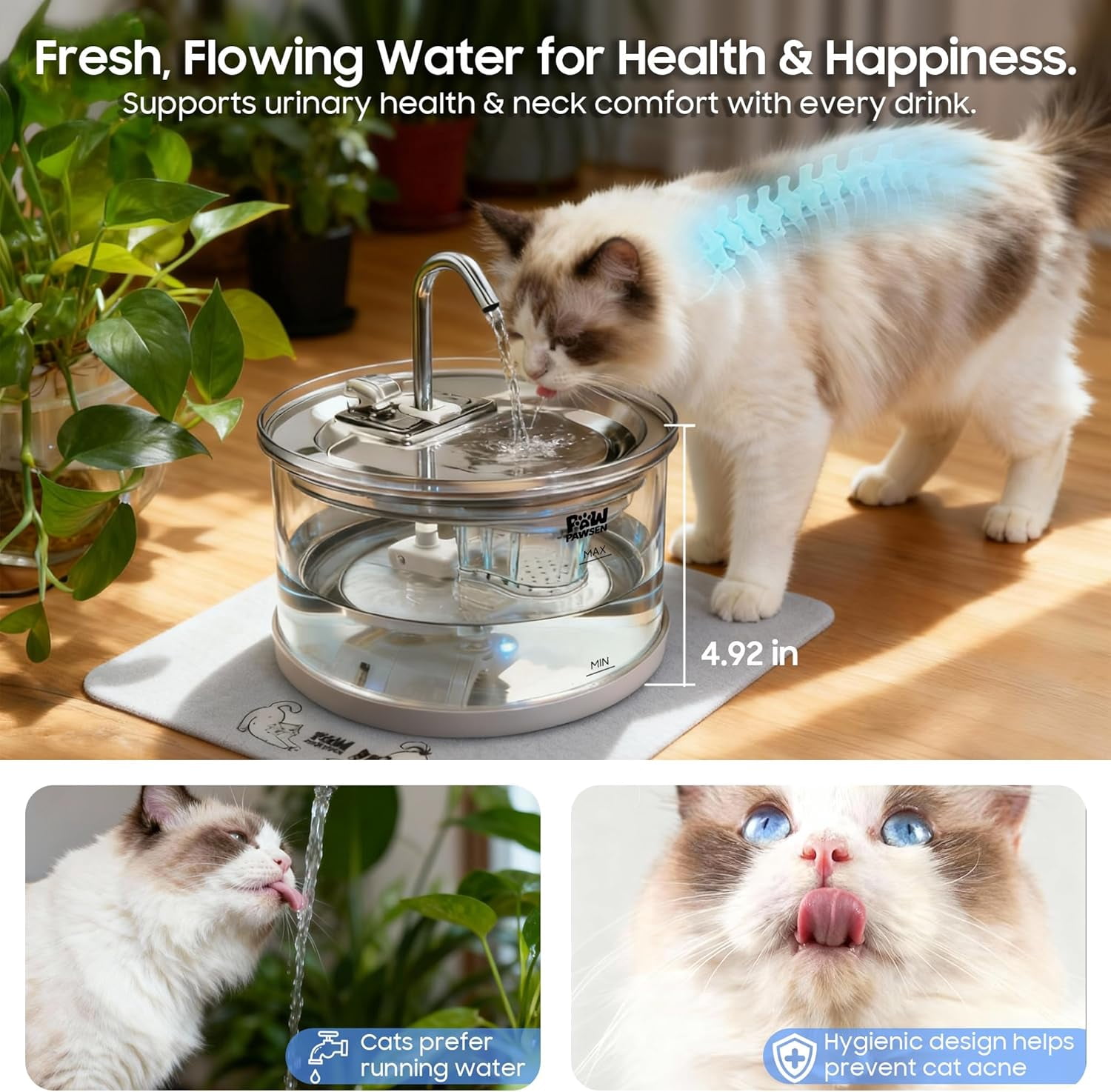 Glass Cat Dog Water Fountain 70oz/2.1L for Cats Dogs with 3 Spray Heads with LED Light,Ultra-Quiet, Automatic Water Dispenser, Glass & Stainless