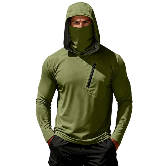 Men Sun Protection UPF 50 Hooded Rash Guard Shirts with Built-In Face Mask Lightweight Quick Dry Fishing Outdoor Activewear Dark Green XL