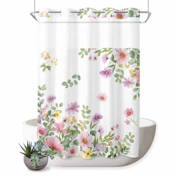 No Hook Shower Curtain, Pink Spring Floral Shower Curtains for Bathroom with See Through Top Window, Watercolor Botanical Wildflowers Waterproof & Washable Bath Curtain Extra Long 72"x96"