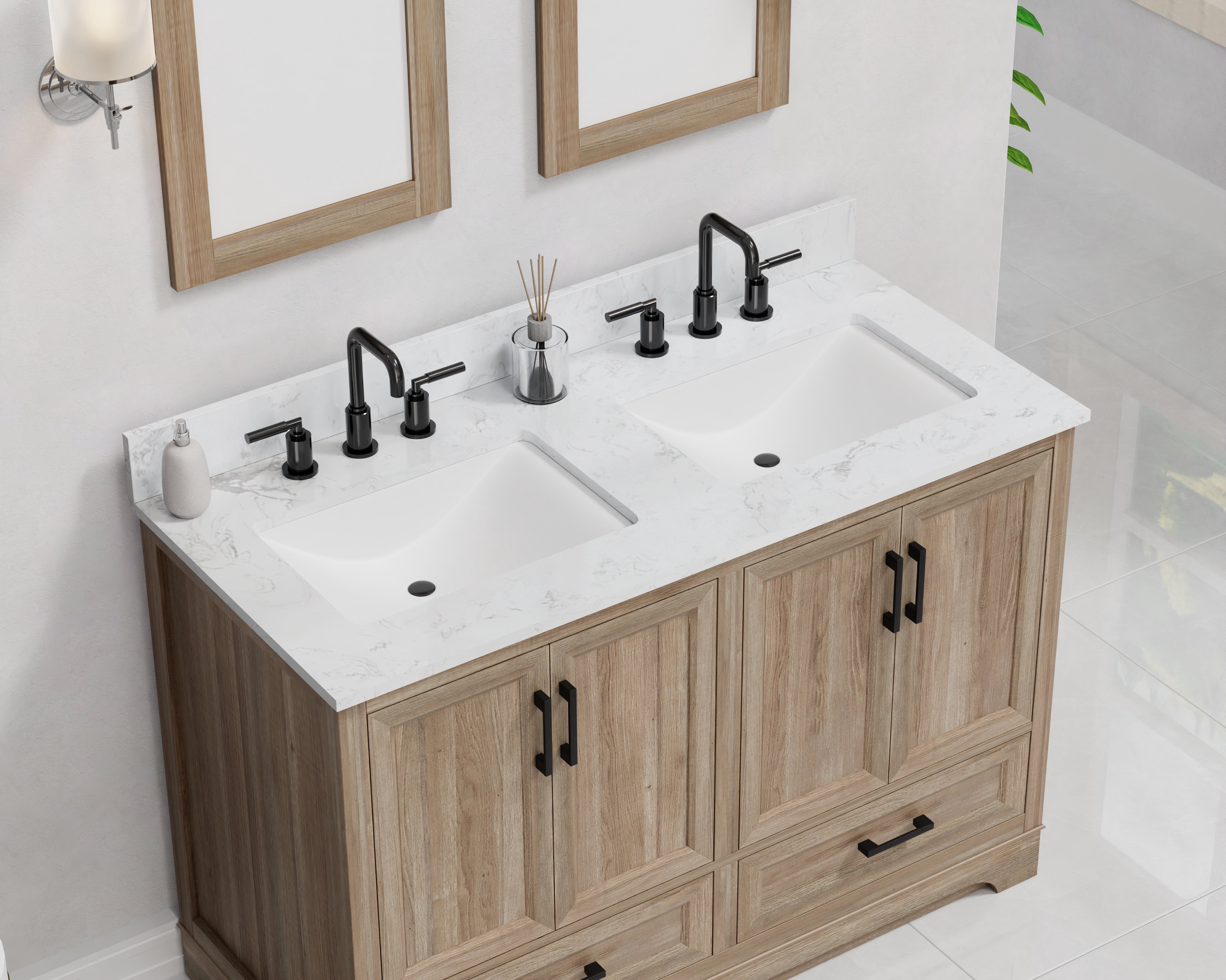 Retford 48" Double Bathroom Vanity, 49" W x 22" D x 34.5" H, Carrara White Engineered Marble Top with 2 Sinks & Backsplash, Light Wood, MDF, Pre-Assembled, Soft-Closing Drawers and Doors.