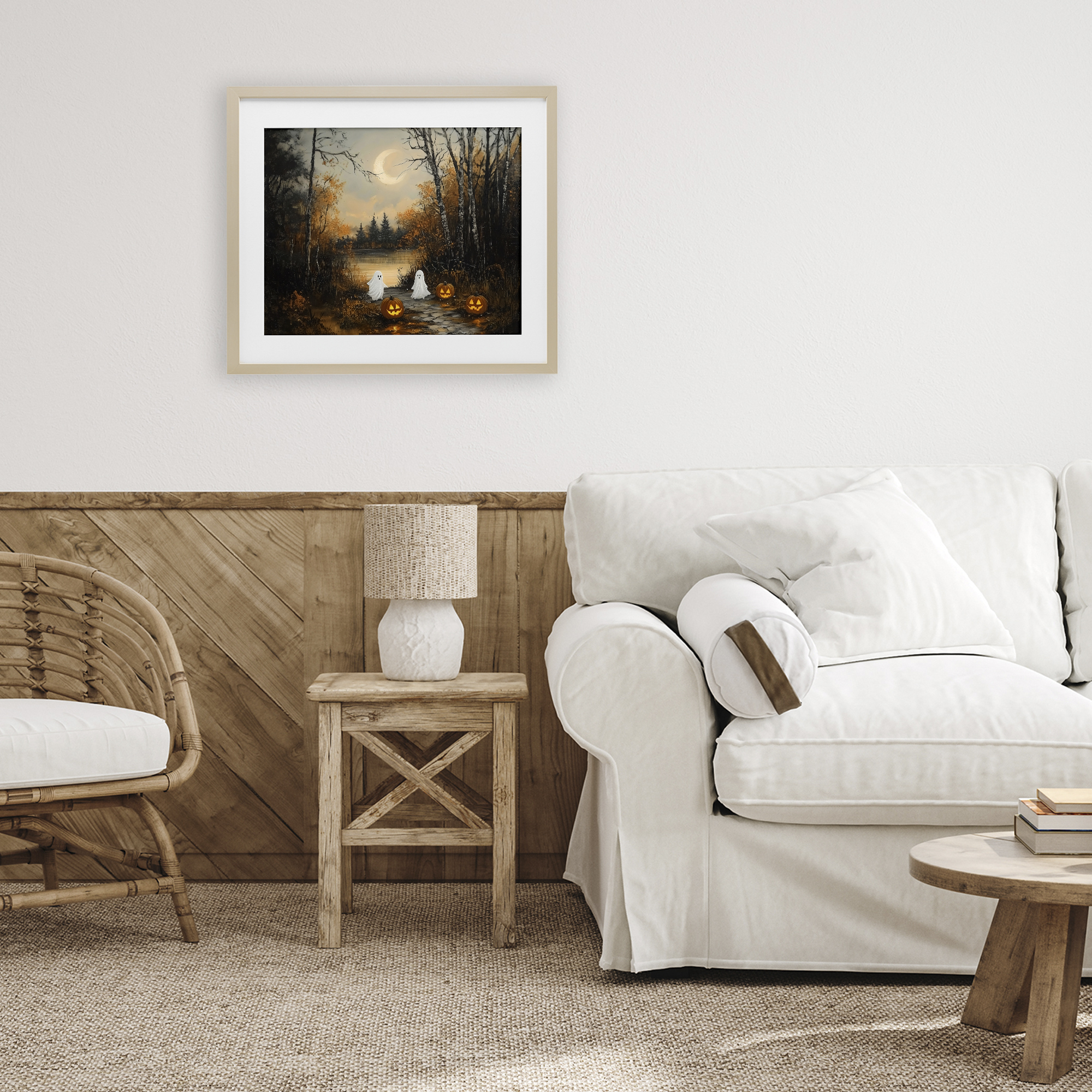 Autumn Ghosts at Lake Birch Framed Print Under Glass, design by Arlington Prints