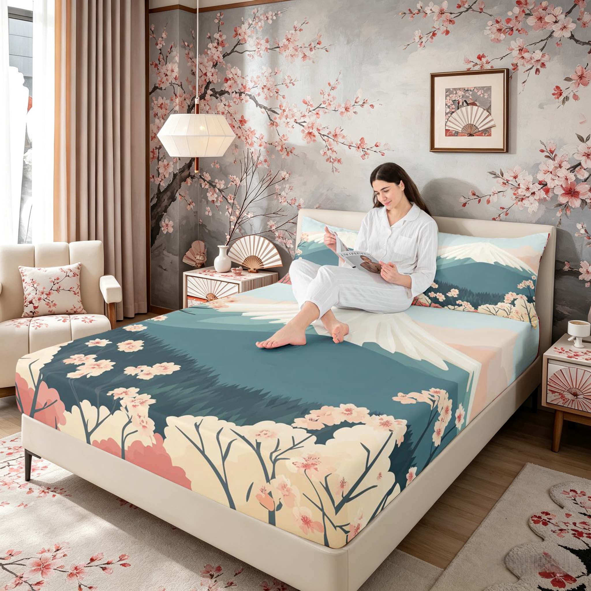 Manfei Flat Fuji Cherry Full Size Sheets for Home, Pastel Nature Bed Sheets for Office, Teal Pink White 4pcs, 1 Flat Sheet, 1 Fitted Sheet and 2 Pillowcases