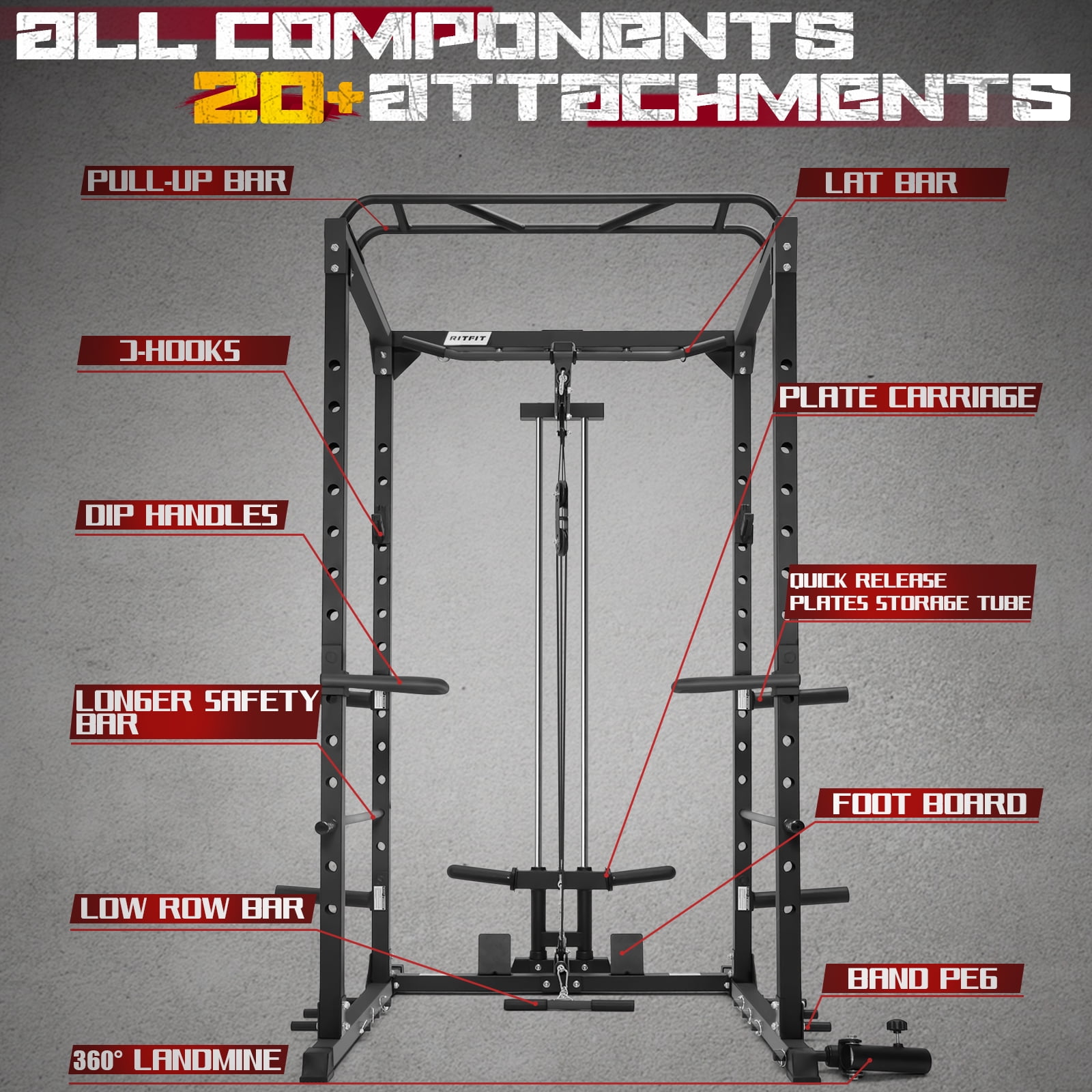 RITFIT All-In-One Squat Rack for Home Gym, PPC02C Multi-Function 1000 LBS Capacity Power Cage with Lat Pulldown, Pulley System, Dip Bar, Landmine & More Power Rack Attachments