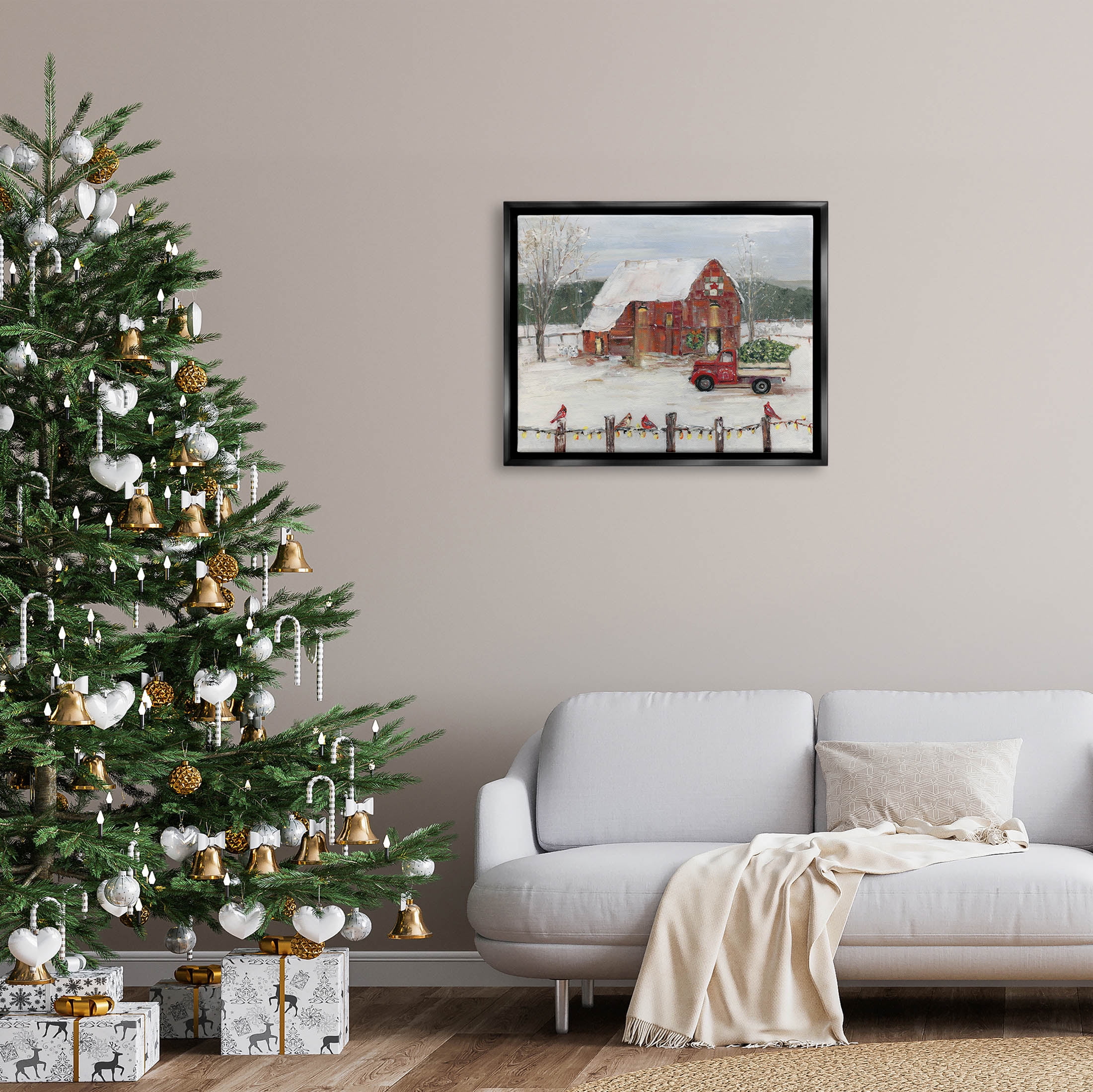 Stupell Industries Snowy Holiday Tree Farm Landscape Painting Jet Black Floating Framed Canvas Print Wall Art, Design by Sally Swatland