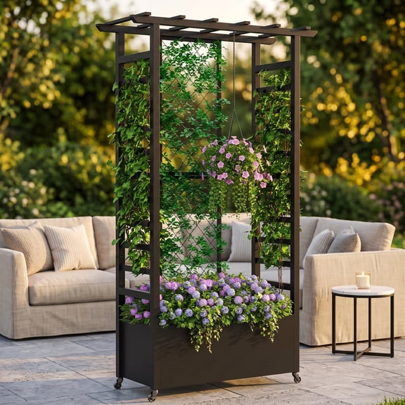 AwayHome 44" x 17" x 74" Black Iron Powder Coated Planter Box with Trellis and Wheels