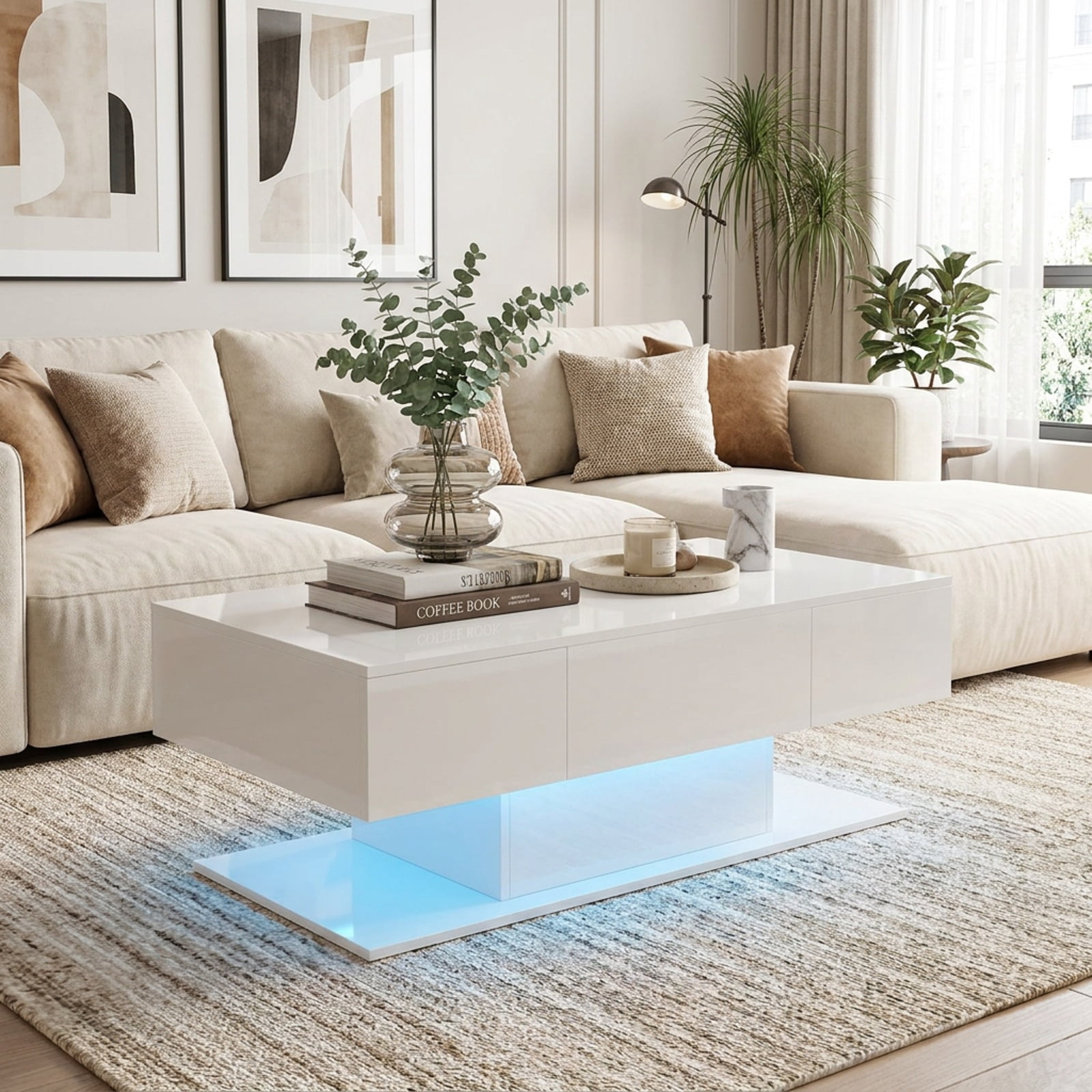 Furnibear Modern LED Coffee Table with 20 Color Lights Remote Control and 2 Push to Open Storage Drawers for Living Room, White