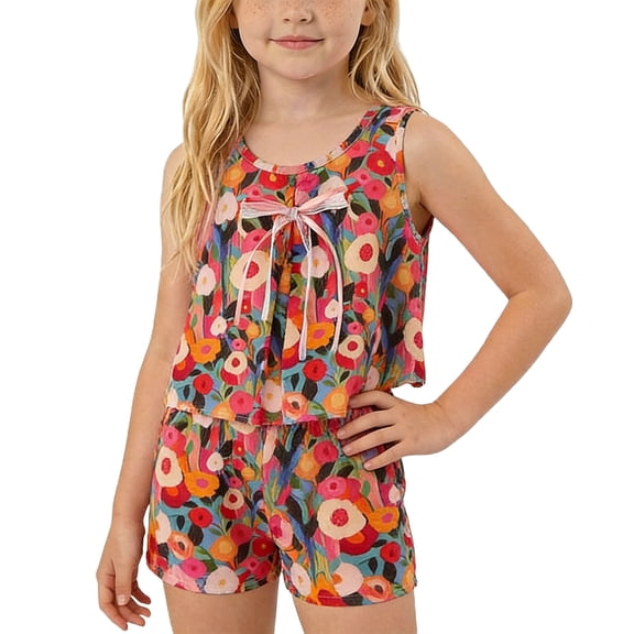 Frnrwgo Girls Clothes Summer 2 Piece Outfits Sleeveless Butterfly Floral Top And Shorts Kids Short Sets Size 0-12 Years