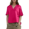 thumbnail image 1 of Camisa holgada de manga corta con cuello para mujer: color liso, tejido transpirable, versátil para el verano, lavable a máquina, 1 of 7
