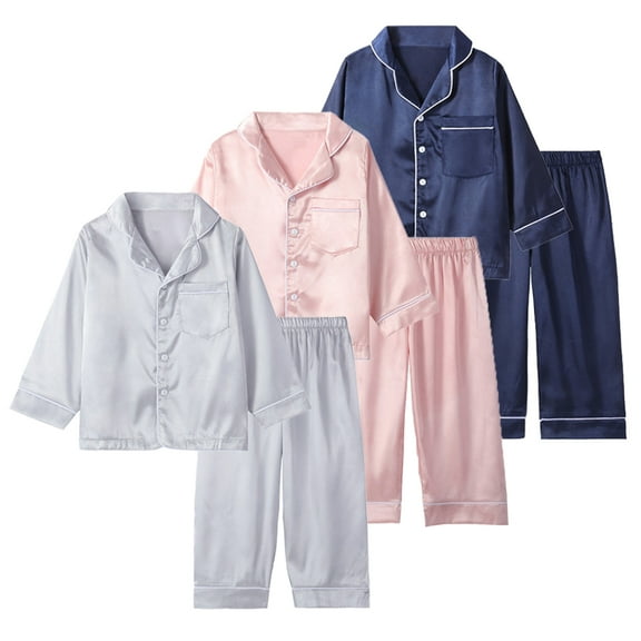 WOLLED Kids Baby Boys Girls Silk Pajama Set Button down Stain Long Sleeve Sleepwear Tops 2PCS Outfit Toddler V-Neck Jammies Loungewear for 1-10 Years