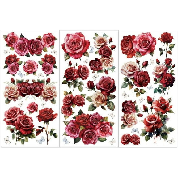 3pcs/Set Red Rose Rub on Transfers for Furniture and Crafts Butterfly Furniture Decals Pink Rose Transfer Stickers Rub 6x12 Inch