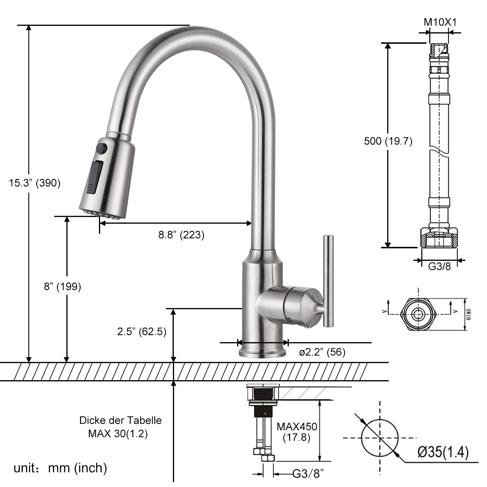 WOWOW Single Handle Kitchen Sink Faucet Brushed Nickel Kitchen Faucet with Pull Down Sprayer