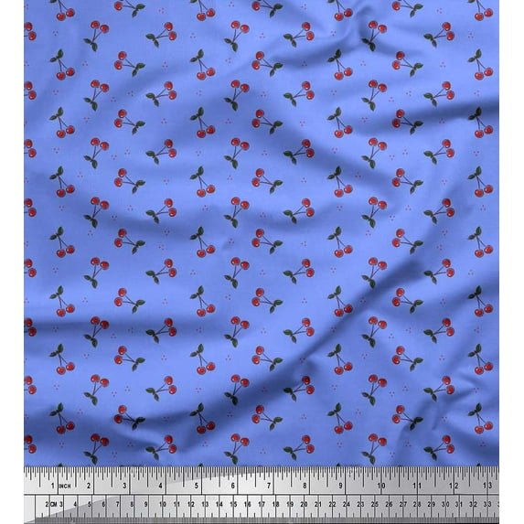 Soimoi Rayon Fabric Dot,Leaves & Cherry Fruits Print Fabric by The Yard 56 Inch Wide