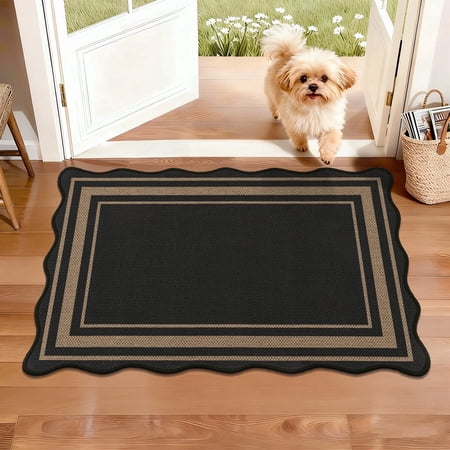 MeyJey Door Mats for Front Door, 24“x36“ Non Slip Solid Tan Jute Scalloped Washable Black Area Rug,Indoor Carpet for Entryway Laundry Room Floor Mats