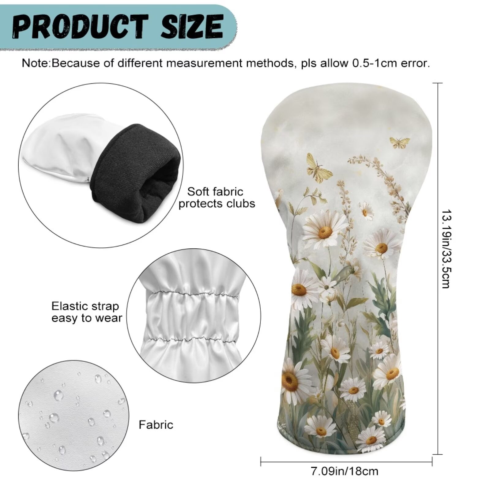 Uorisanigo Golf Club Head Covers for Driver, Fairway #3#5, Hybrid - Daisy Print Golf Accessories for Women Men - Waterproof PU Leather & Double Elastic Band Accessories