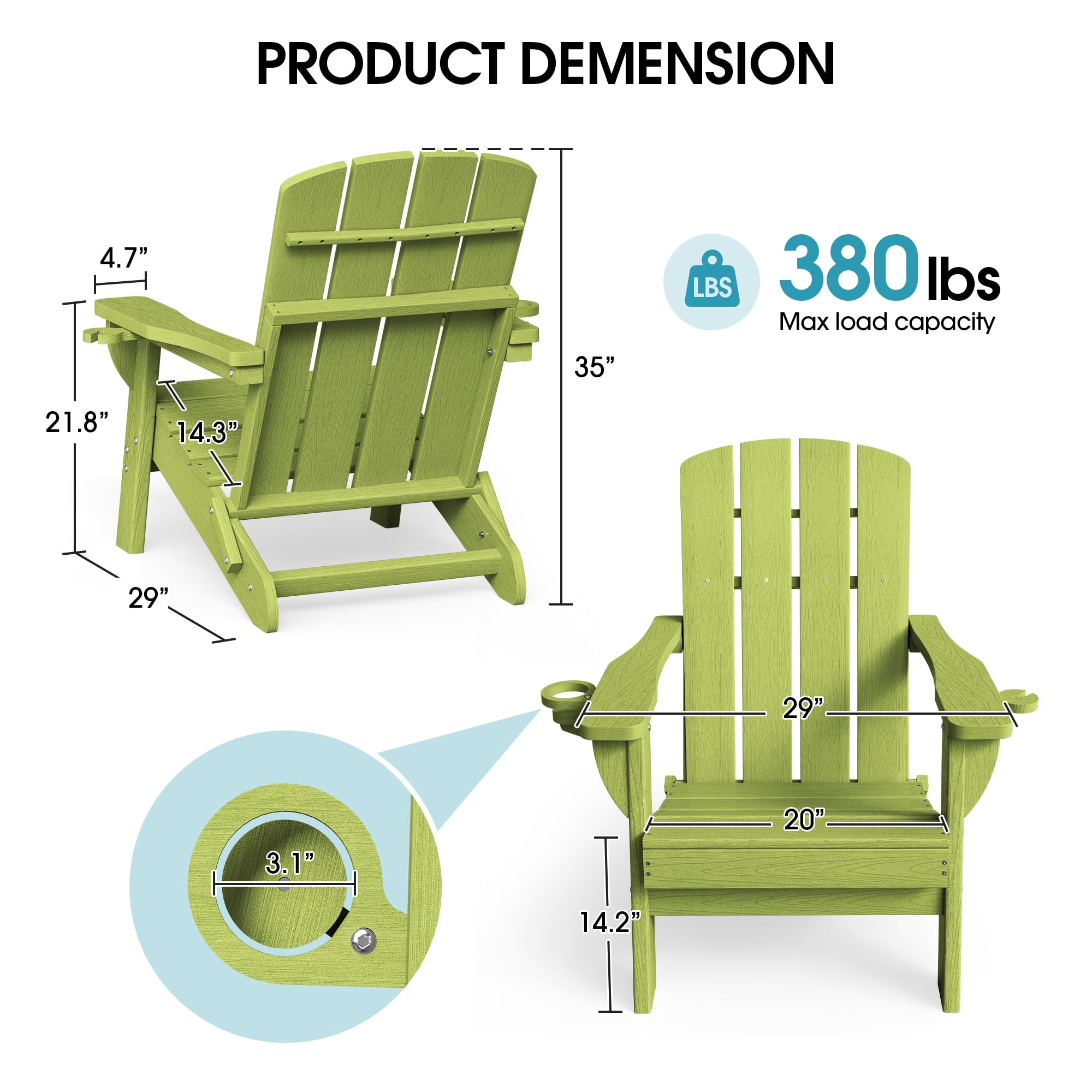 SUUNYN Folding Adirondack Chair, HDPE All-Weather Fire Pit Chairs, Plastic Adirondack Chairs with 2 Cup Holder,Light Green