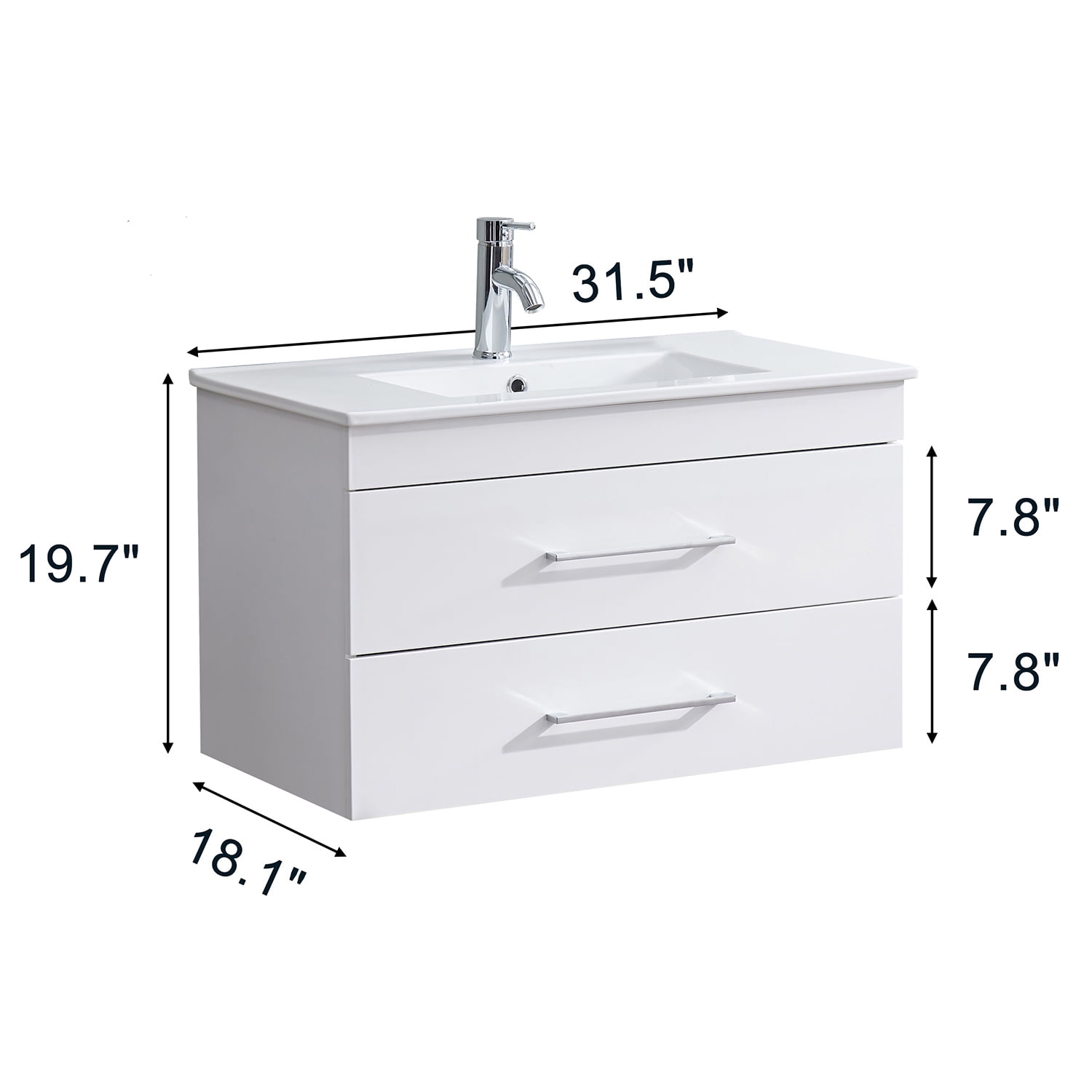 Demi Bonn 32" Wall-Mounted Bathroom Vanity with Ceramic Sink and 2 Soft-Close Drawers, Faucets and Drains Not Included, White