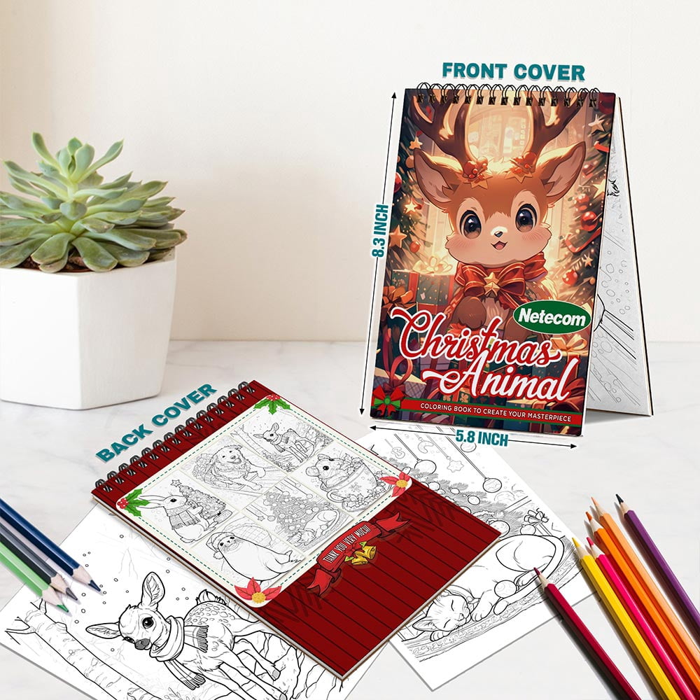 Netecom Christmas Animal Coloring Book Spiral Bound For Adults, A5 Wooden Cover, 30 Relaxing Coloring Pages of Snowy Animal Friends for Stress Relief and Relaxation
