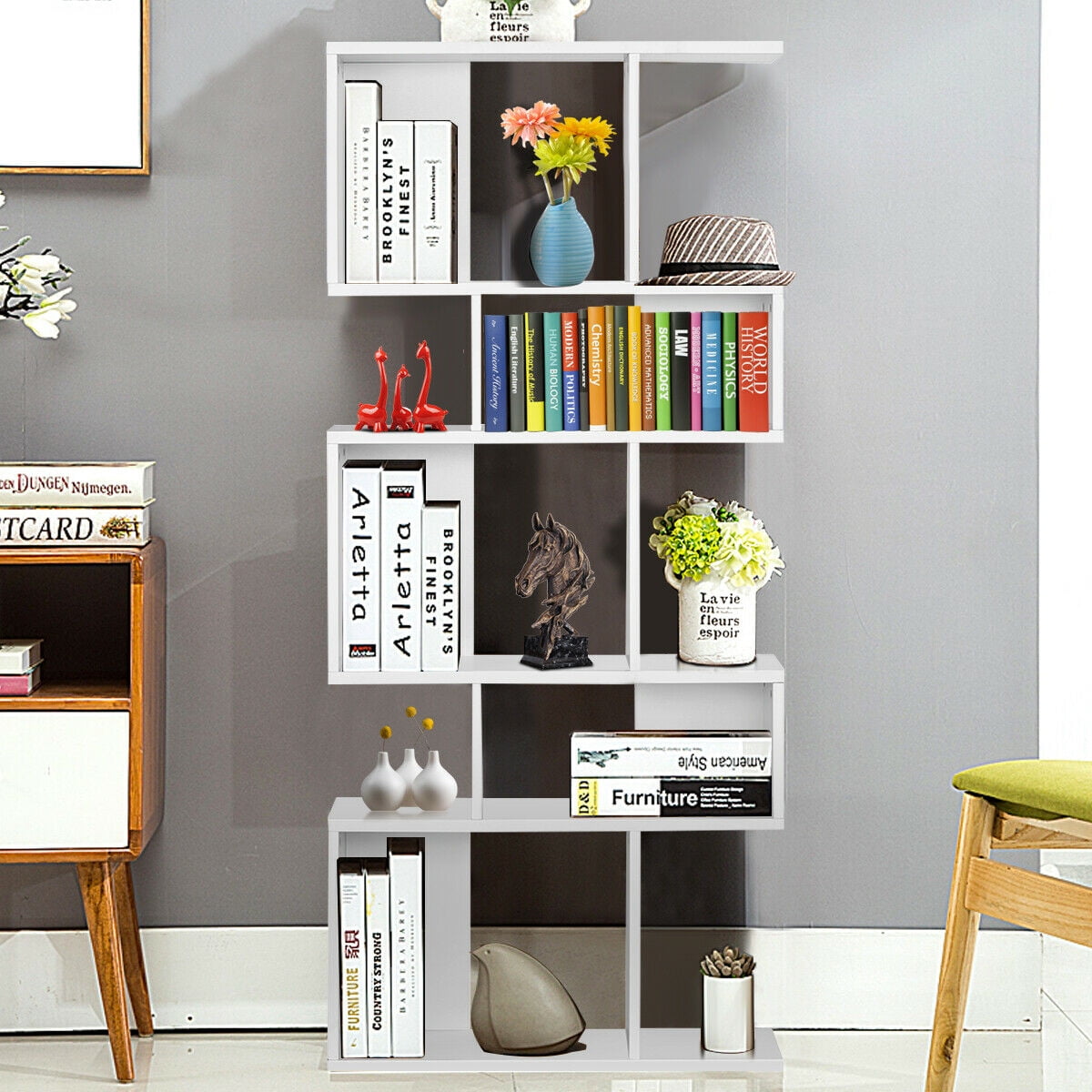 Gymax 5 Cubes Ladder Shelf Freestanding Corner Bookshelf Display
