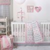 The Peanut Shell 4 Piece Baby Girl Crib Bedding Set - Pink Elephants and Grey Zig Zag Patchwork - 100% Cotton Quilt, Dust Ruffle, Fitted Sheet, and Mobile