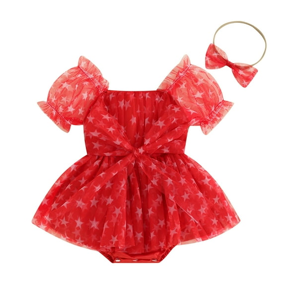 Musuos Baby Girls Independence Day Romper Dress 6 12 18 24Months Short Sleeve Stars Print Mesh Romper with Headband Summer Outfit