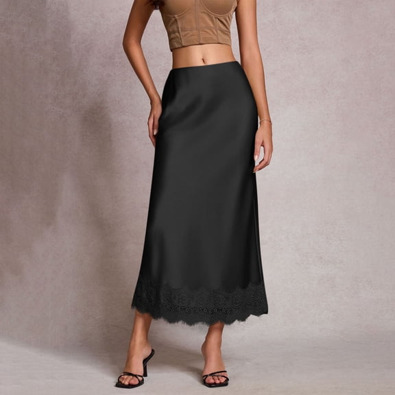 Bnwani Lace Skirt,Skirts for Women,High Waist,A-line,Solid,Satin,Black,S