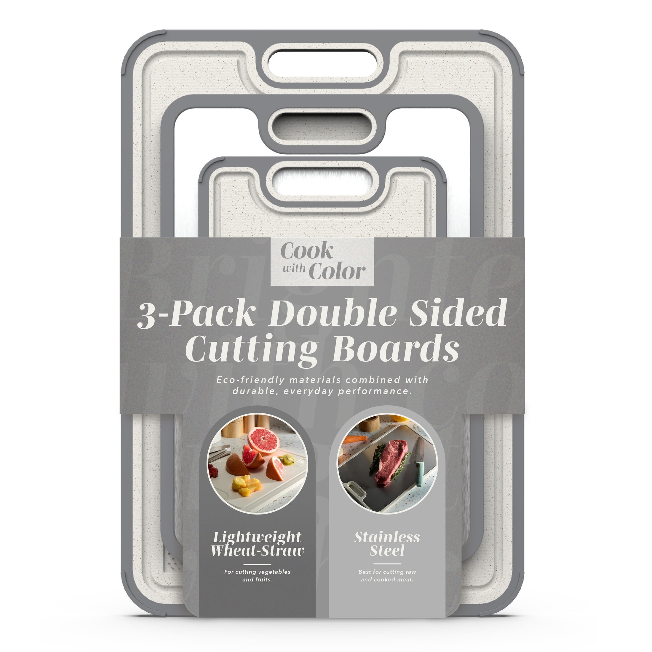 Cook with Color Dual-Sided Grey Cutting Board, Stainless Steel and Wheat Straw