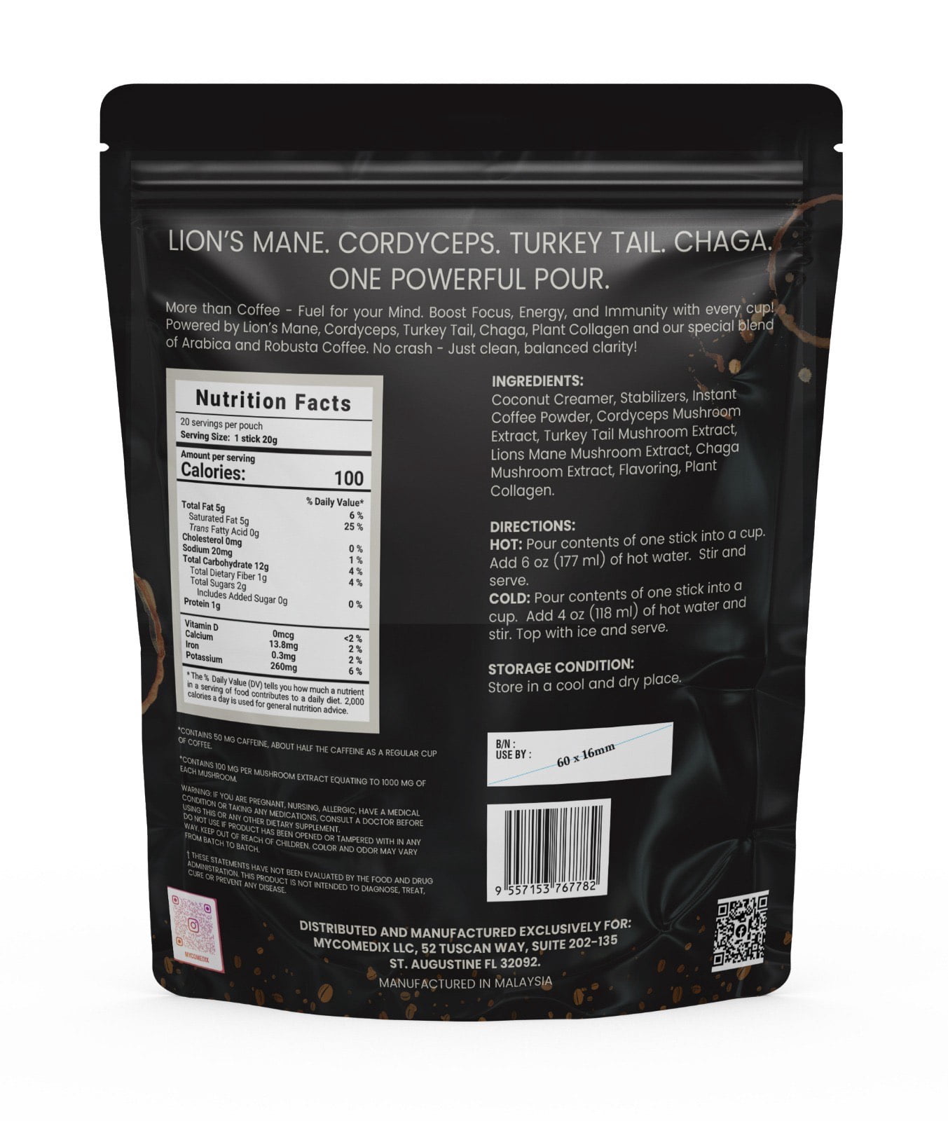 MYCO-Medix Quad-Brew Latte, Arabica Instant Coffee with Functional Mushrooms, Energy & Focus Support, 20 Servings