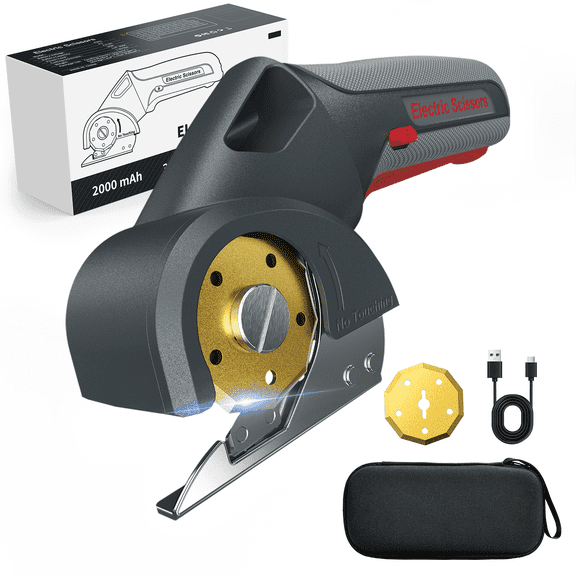 Tawom 4V Cordless Electric Box Cutter, Rechargeable Cardboard Cutter with Safety Lock, 2 Titanium Rotary Blade Electric Scissors for  Fabric, Leather, Carpet, Gray