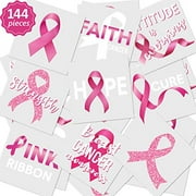 Zonon 144 Pieces Breast Cancer Awareness Tattoos Pink and White Ribbon Tattoos Waterproof Temporary Stickers Decoration Supplies for Party Fundraising Event, 9 Styles