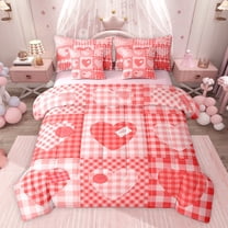 Feelyou Red Love Heart Bedding Comforter Set 7pcs for Teens, Cartoon Buffalo Plaid Queen Bedding Sets, Romantic Valentine's Day Reversible Queen Sheet Sets, Luxury Bedroom Decor