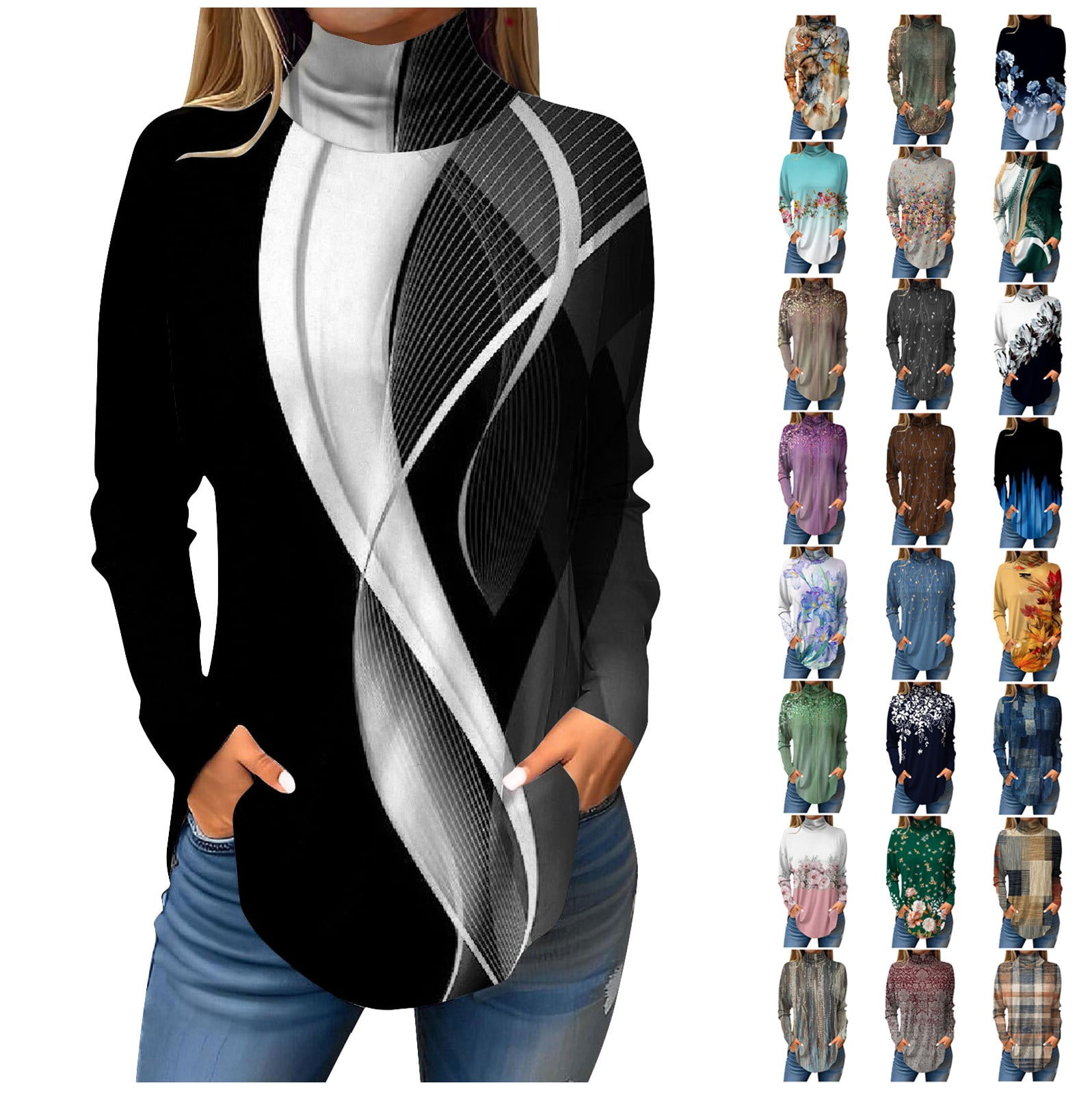 DENGDENG Women's Dress Shirts Long Sleeve Turtleneck Tunic