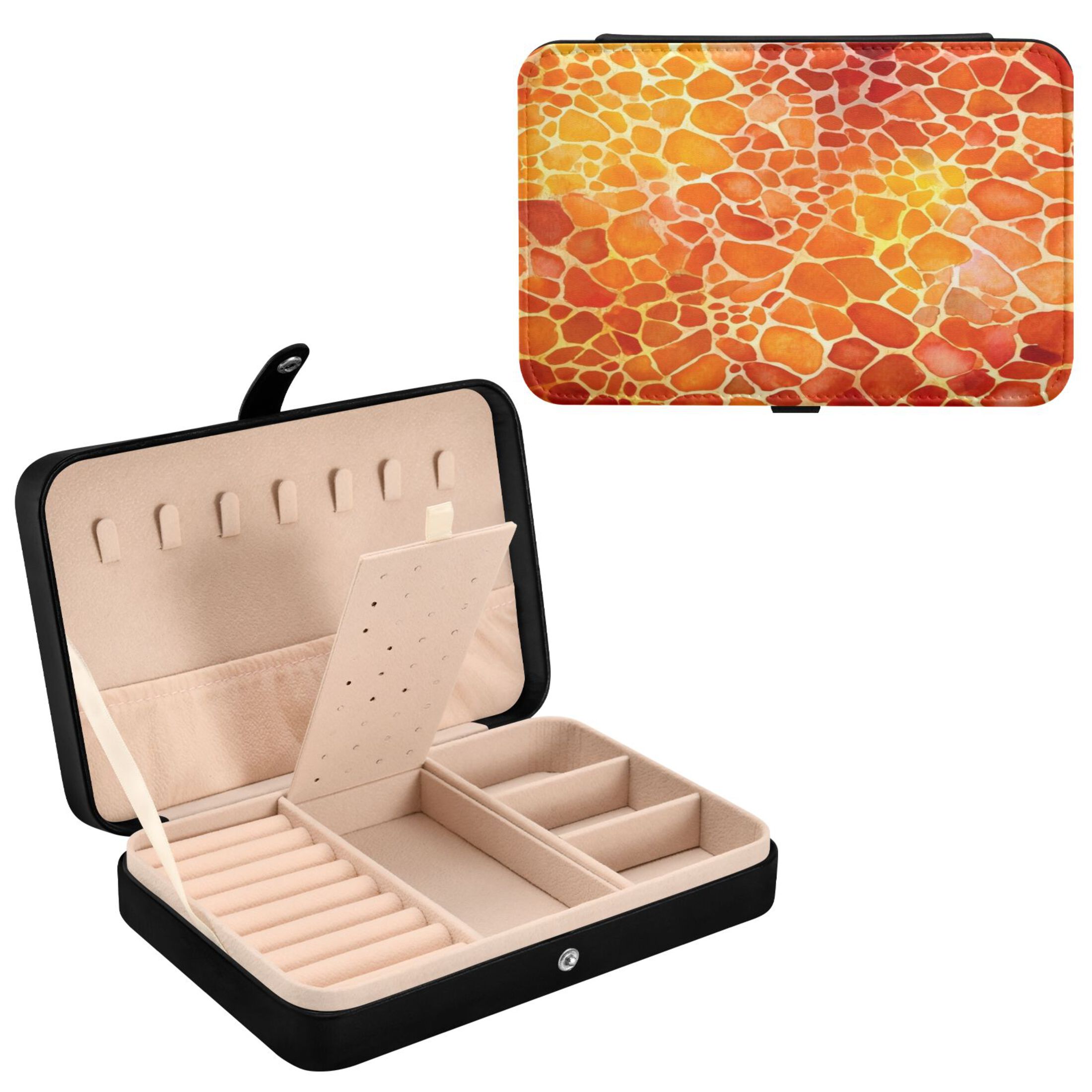 Leather Jewelry Box Rectangular 8.27x5.5x1.78In Travel Jewelry Storage Earrings Necklace Bracelet Watch Brooch Storage Beautiful Orange Pattern