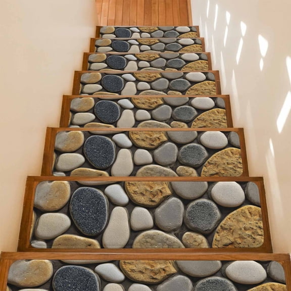 Stair Treads Non Slip Indoor for Wooden Steps, Stones 7 Pcs Stair Mats for Kids Elders Dogs, 8 x 30 Inch Gravel Rock Cobblestone Natural Pattern Art Carpet Treads Runner Rugs for Staircase