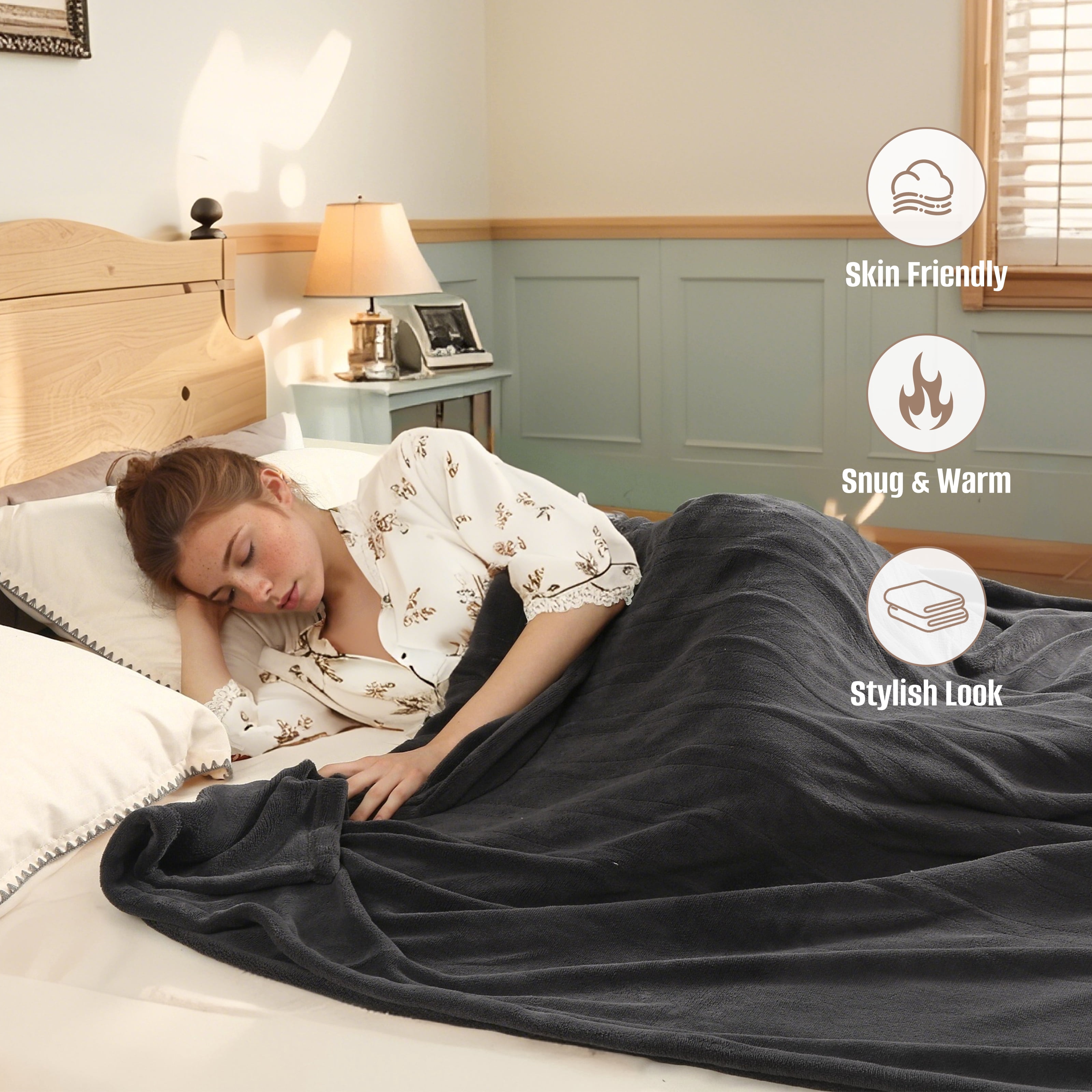 YAKEE Electric Heated Blanket 84"x90" Queen Size with Dual Control, 4 Heat Levels, 10-Hour Auto-off, Soft Coral Fleece, Overheat Protection, Gray