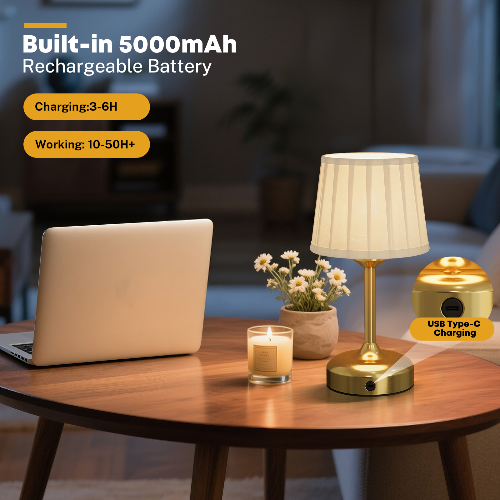 Cordless Rechargeable Table Lamp with Fabric Shade, Battery Operated Lamp, 3 Color Temperature, Touch Stepless Dimmable Desk Light for Bedroom Restaurant Dining Bedside