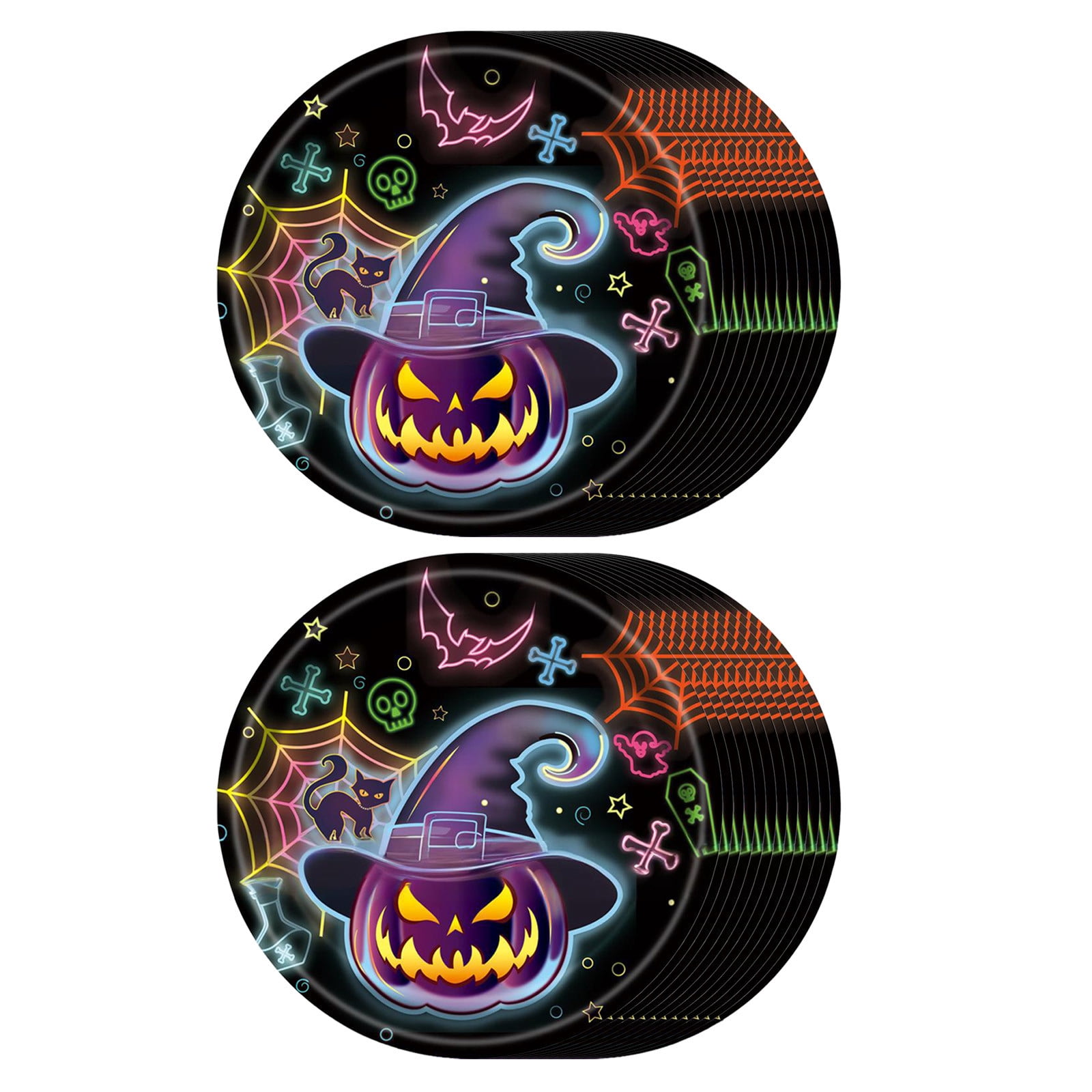 Vaisselle Jetable Néon Halloween - 16 Sets (assiettes, Gobelets, Serviettes, Nappe, Bannière) - Motifs Licorne, Fantôme, Citrouille - 6