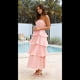 thumbnail image 5 of Vestido de Verano Sin Tirantes para Mujer, con Volantes, , Liso, Espalda Descubierta, Fruncido, Elegante, Fluido, para Playa. Rosa S, 5 of 10