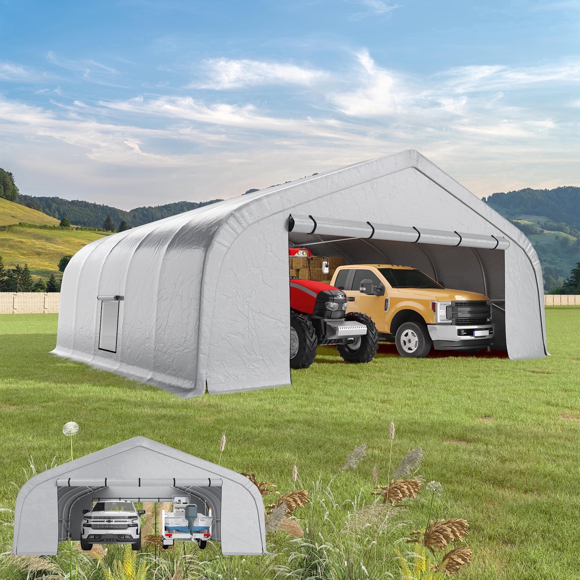 Richryce 20x20 ft Carport, Heavy Duty 2 Carports and Shelters with Sides andGalvanized Steel Frame , Fits 2 Cars, Boat, Farm Equipment, Silver Gray
