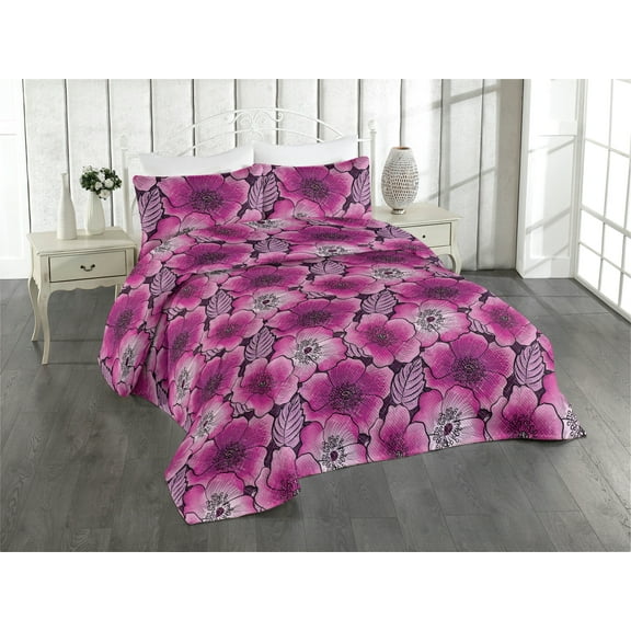 Ambesonne Poppy Quilted Bedspread Set 3 Pcs, Retro Colors Flowers Dreamy, King, Pale Fuchsia and Soft Pink