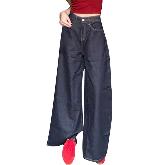 PXLKNZH Jeans for Women Y2K Baggy High Waist Denim Pants Straight Wide Leg Loose Fit Barrel Jeans with Pockets Blue XXL