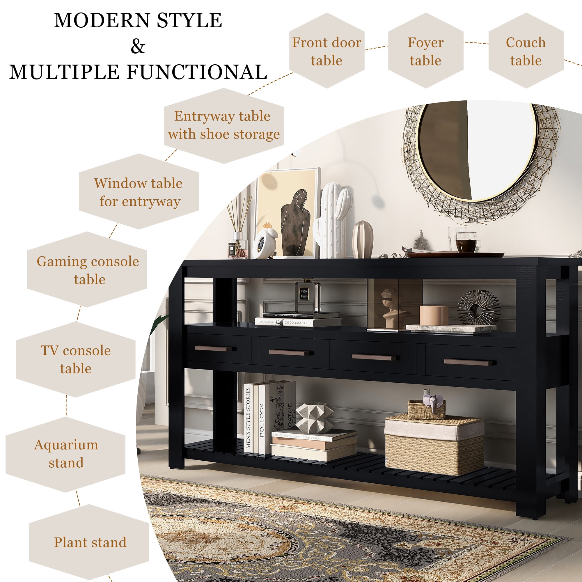 Euroco 61.5" Large Console Table, Modern Wood Entryway Table Sofa Table with 3-Tier Open Shelves & 4 Drawers for Living Room, Hallway, Foyer, Black